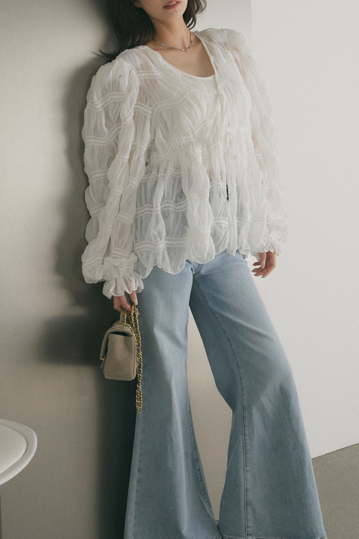 シャーリングシアーボリュームスリーブブラウス