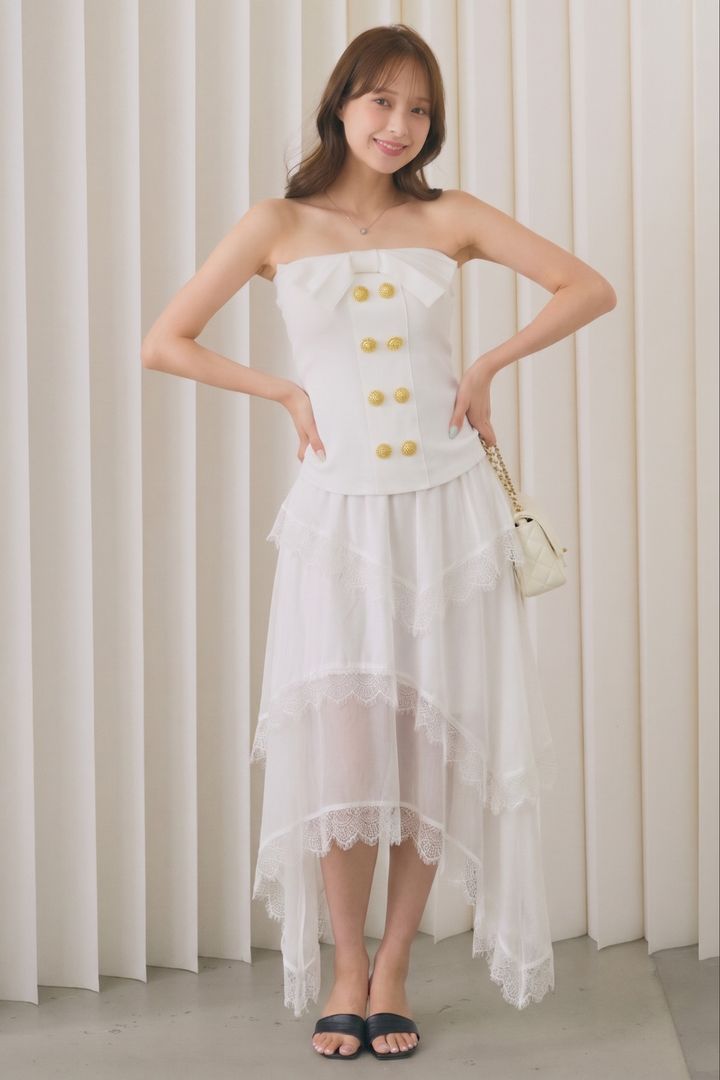 [SET]ダブルボタンフロントリボンベアトップ+アシンメトリーレースヘムロングスカート(2set)