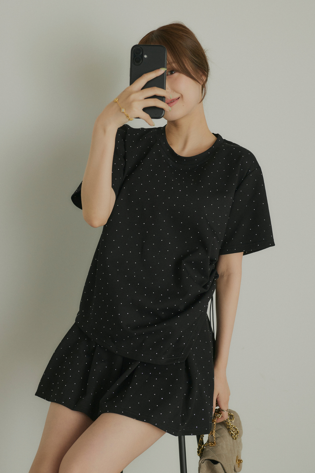 ストーン付サイドドロストTシャツ&ミニスカートセットアップ