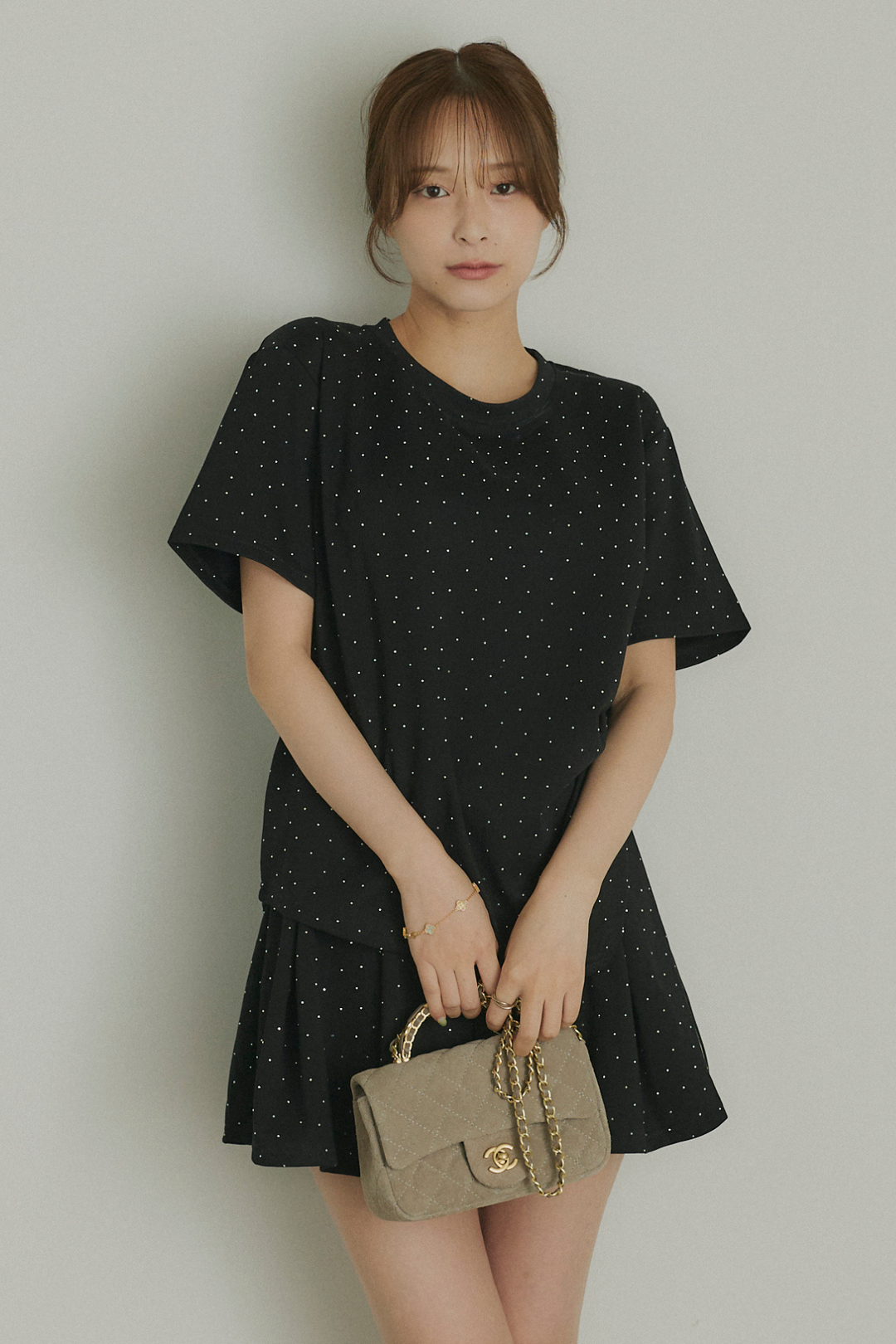 ストーン付サイドドロストTシャツ&ミニスカートセットアップ