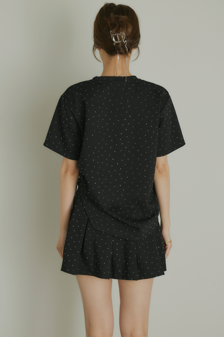 ストーン付サイドドロストTシャツ&ミニスカートセットアップ