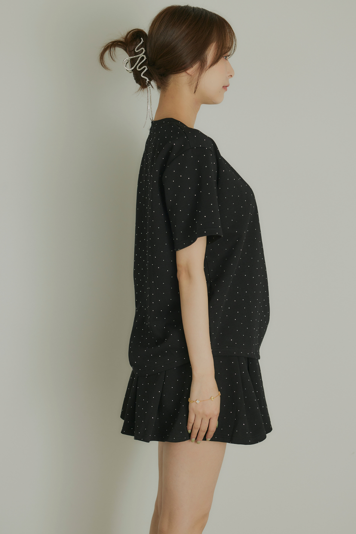 ストーン付サイドドロストTシャツ&ミニスカートセットアップ