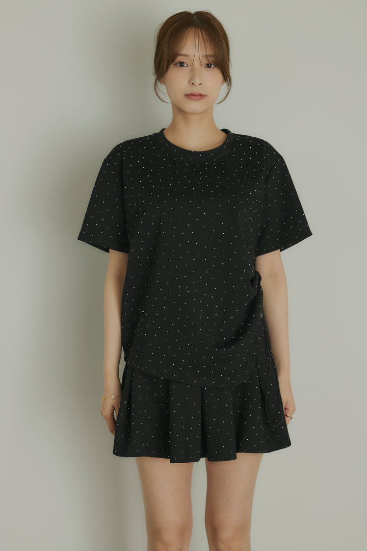 ストーン付サイドドロストTシャツ&ミニスカートセットアップ