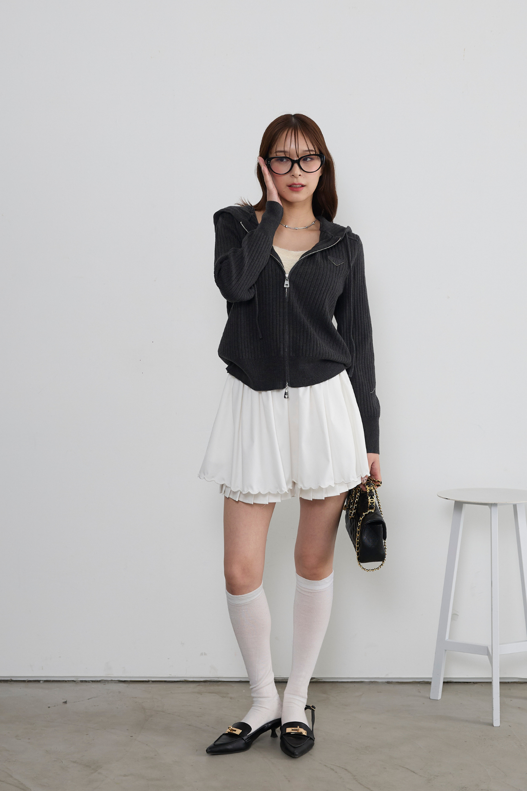 ダブルジップリブニットフーディー