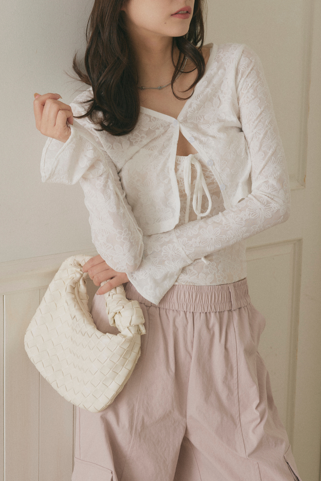 フラワーレースショートカーディガン＆カップ付きキャミセット