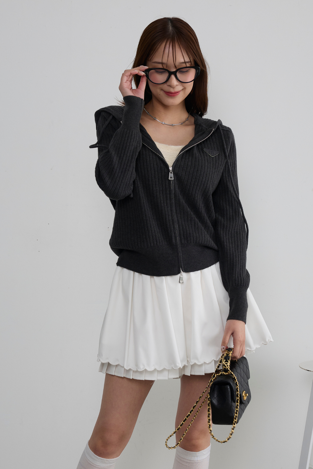 ダブルジップリブニットフーディー