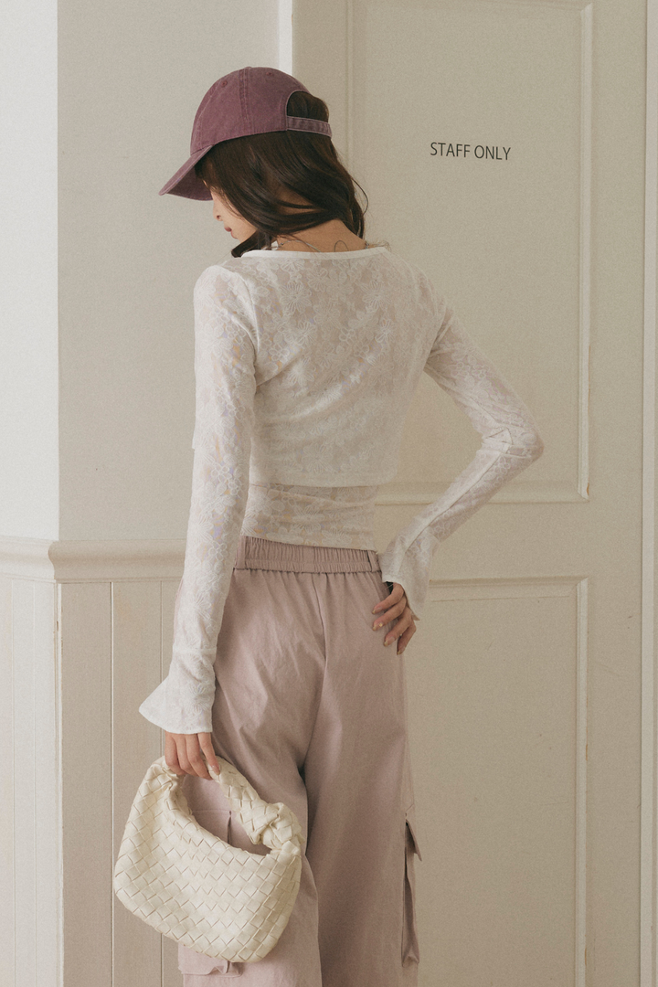 フラワーレースショートカーディガン＆カップ付きキャミセット