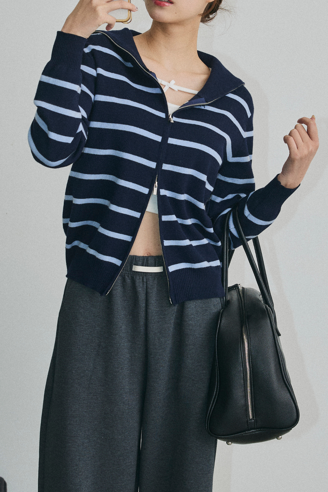 ボーダージップアップニット