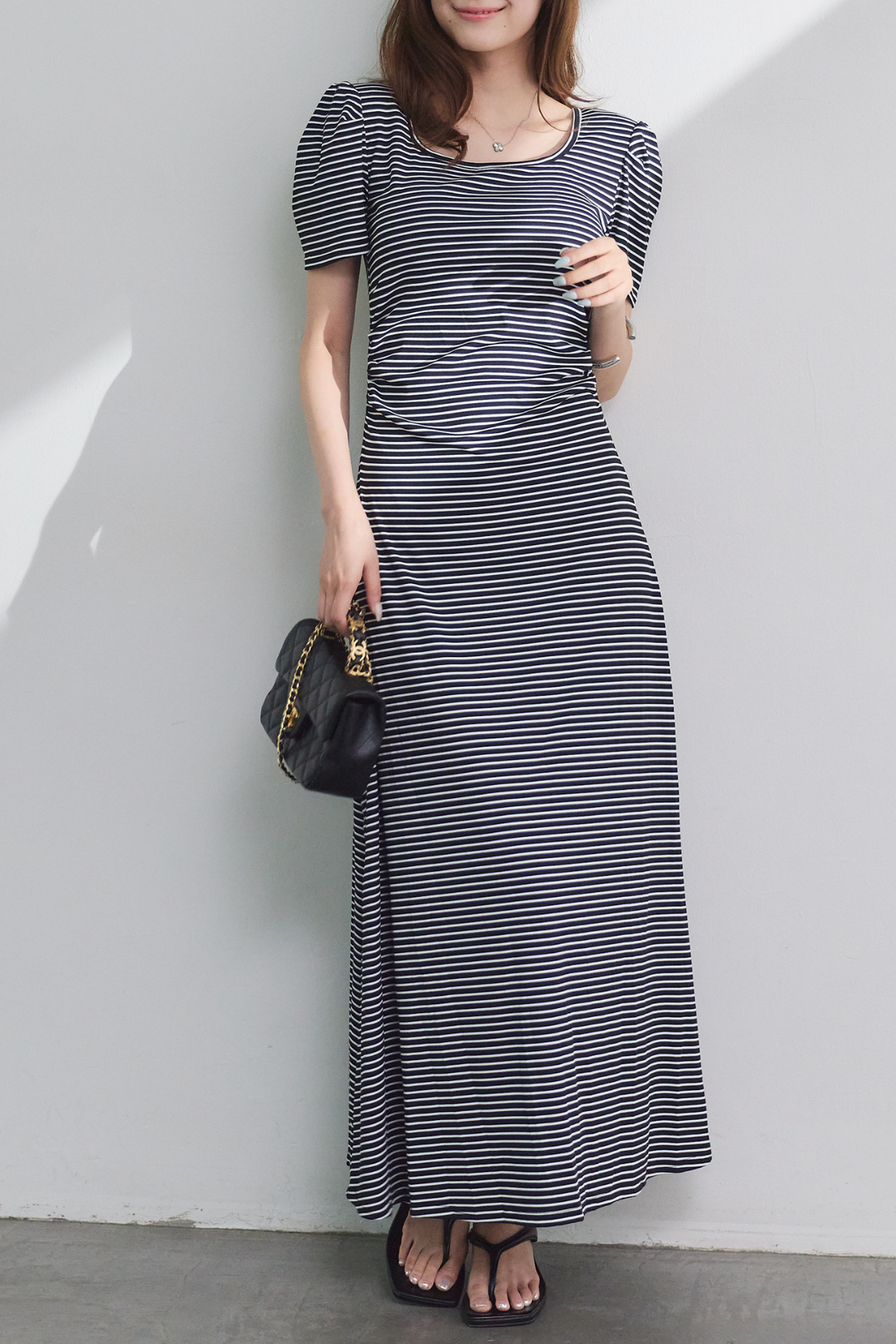 バックストラップギャザーボーダーワンピース(カップ付き)