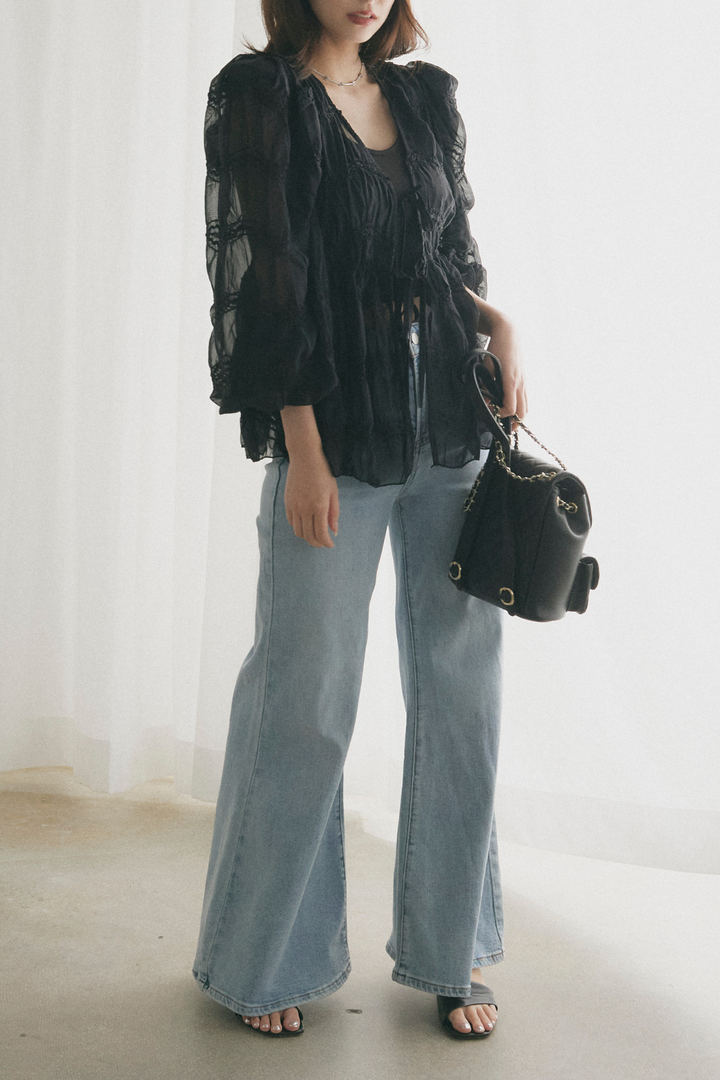 シャーリングシアーボリュームスリーブブラウス