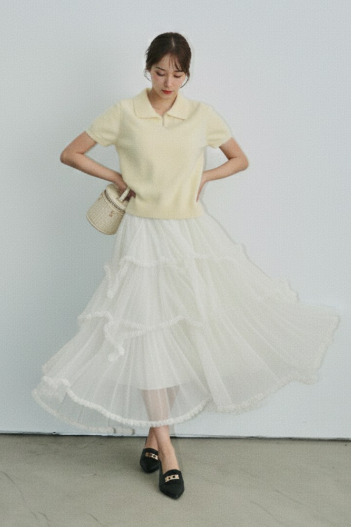 チュールティアードロングスカート