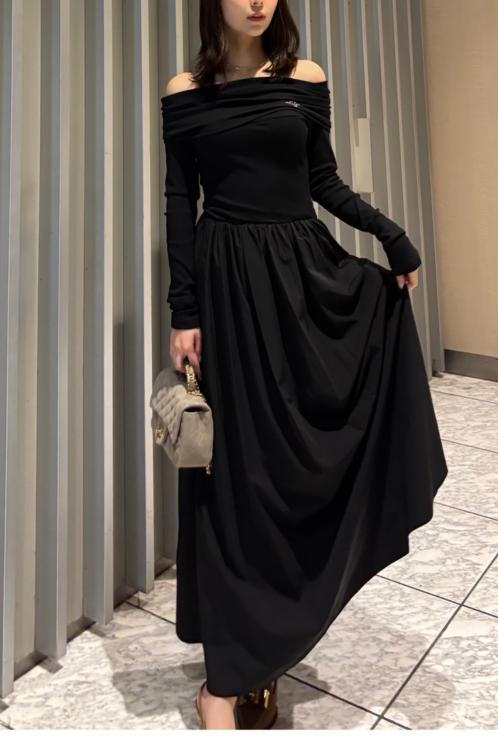 オフショルアシンメトリーフリルワンピース