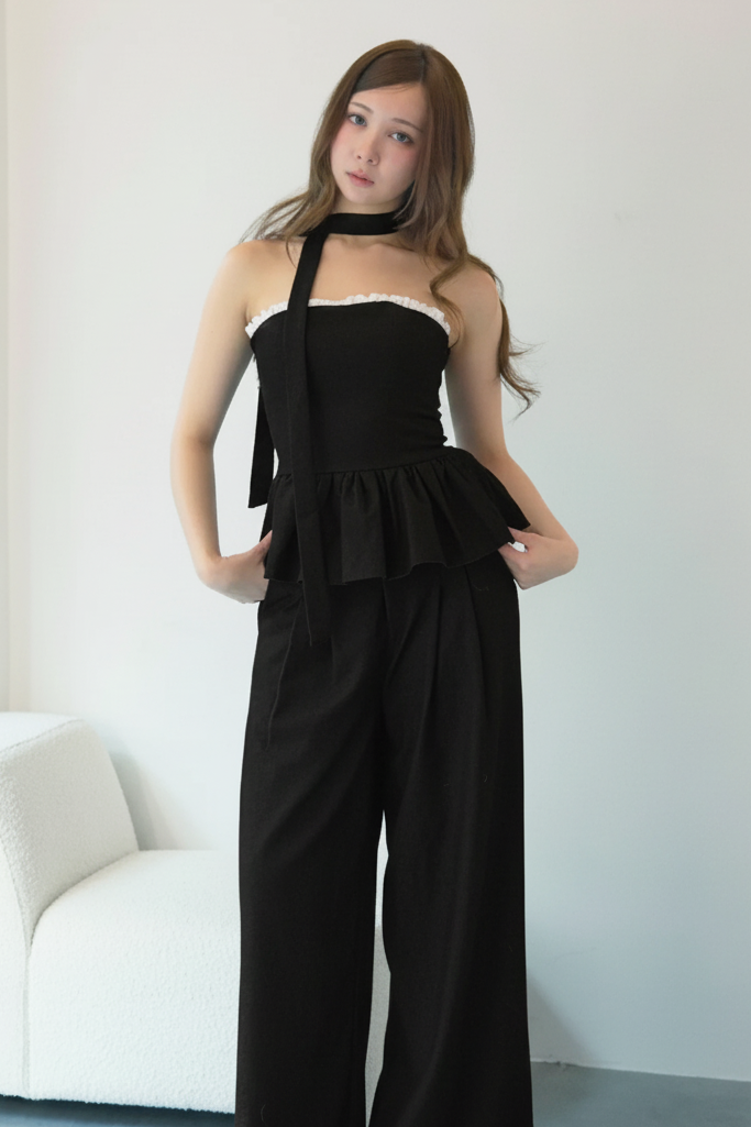 チョーカー付きフリルペプラム&パンツセット