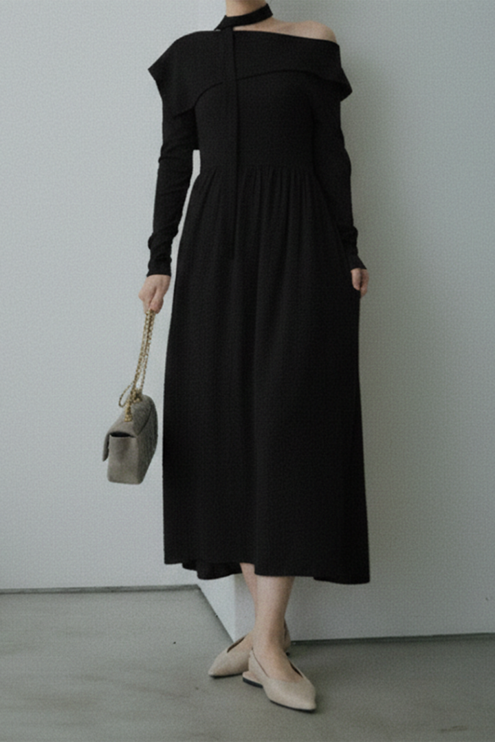 チョーカー付異素材アシンメトリードレープワンピース