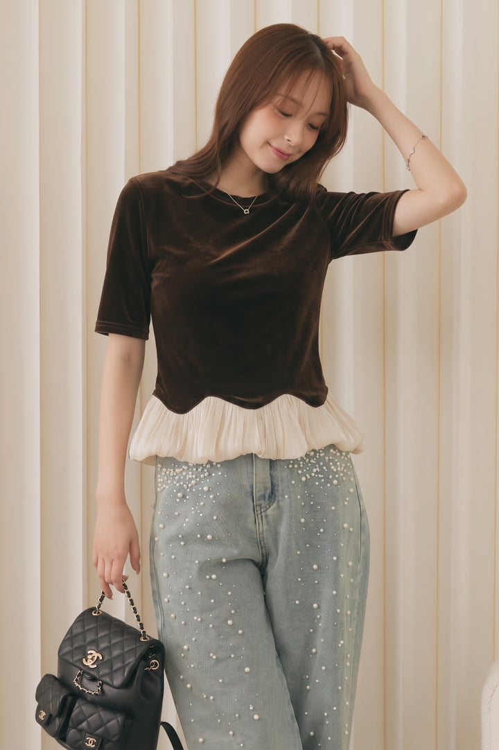 [SET]ベロアスカラップバルーンヘムトップス+パールビジューバレルデニムパンツ(2set)