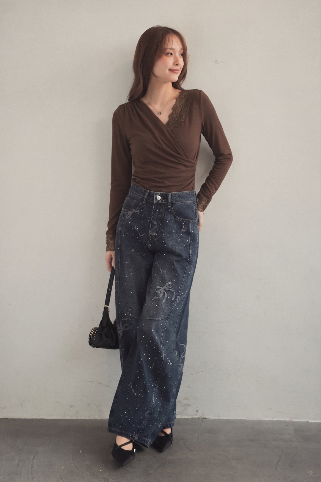 [SET]バックオープンレースカシュクールトップス+ヴィンテージリボンバレルデニムパンツ(ラインストーン)(2set)