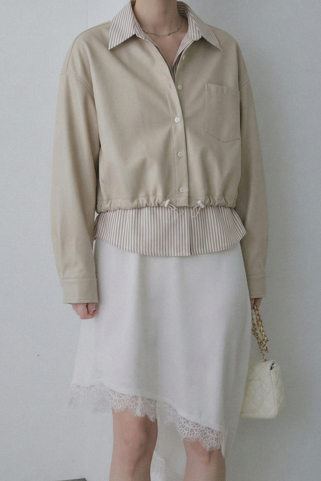 フェイクレザーストライプレイヤード風ジャケット