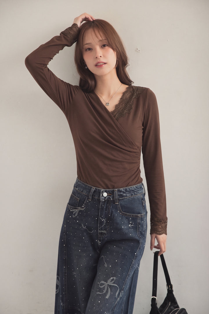 [SET]バックオープンレースカシュクールトップス+ヴィンテージリボンバレルデニムパンツ(ラインストーン)(2set)