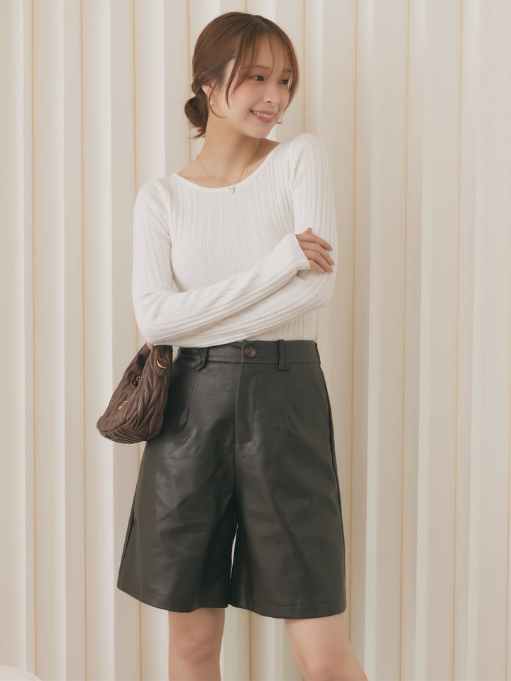 [SET]バックオープンリブトップス+フェイクレザータックハーフパンツ(2set)