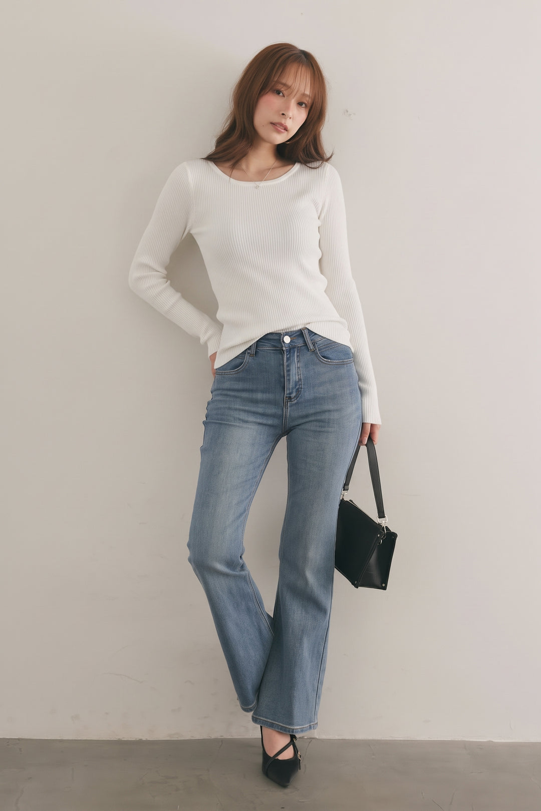 [SET]バックオープンリブトップス+美脚ストレッチデニム（ベルト付き）(2set)
