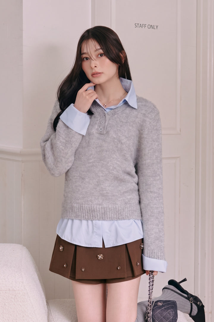 [SET]シャツレイヤード風ドッキングニット+フラワービジュープリーツスカパン(2set)