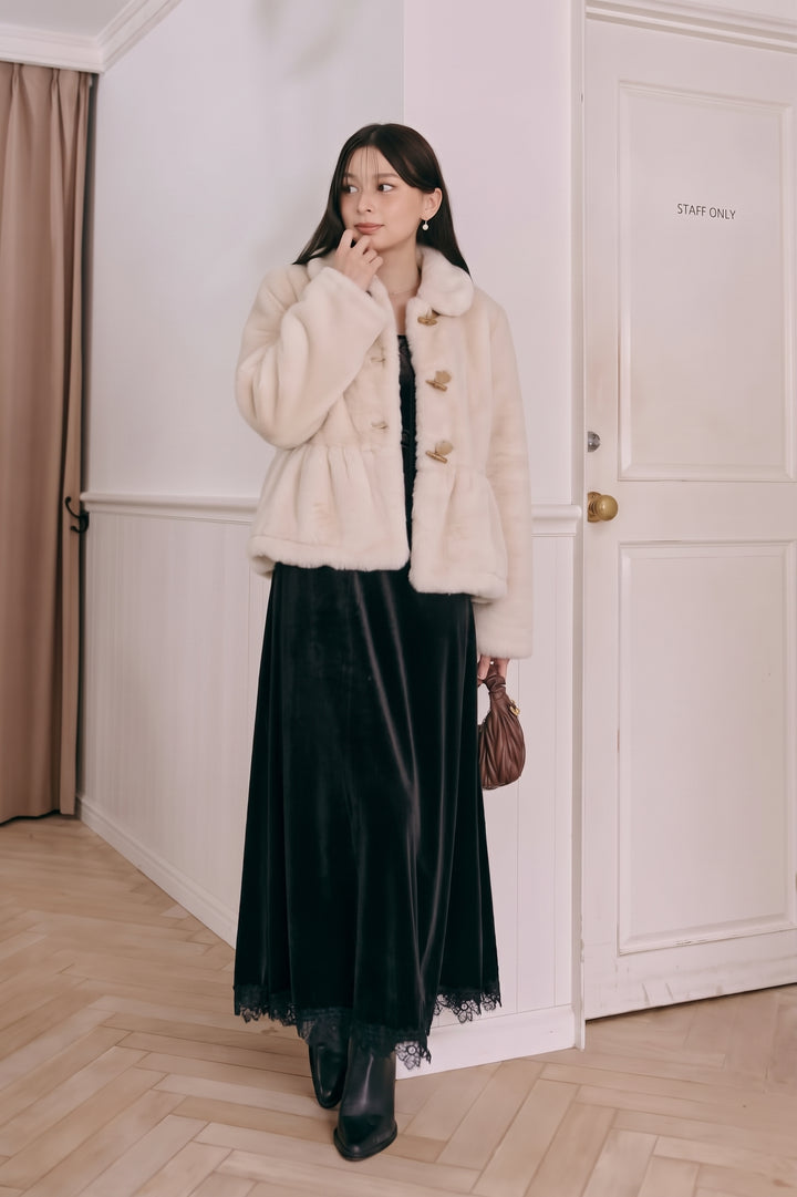[SET]ペプラムファーコート+ベロアレースロングキャミワンピース(2set)