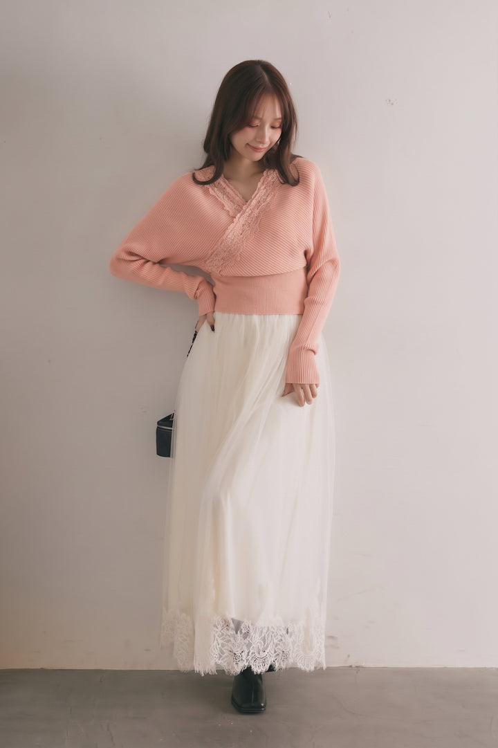 [SET]バックリボンレースカシュクールニット+レースヘムチュールロングスカート(2set)