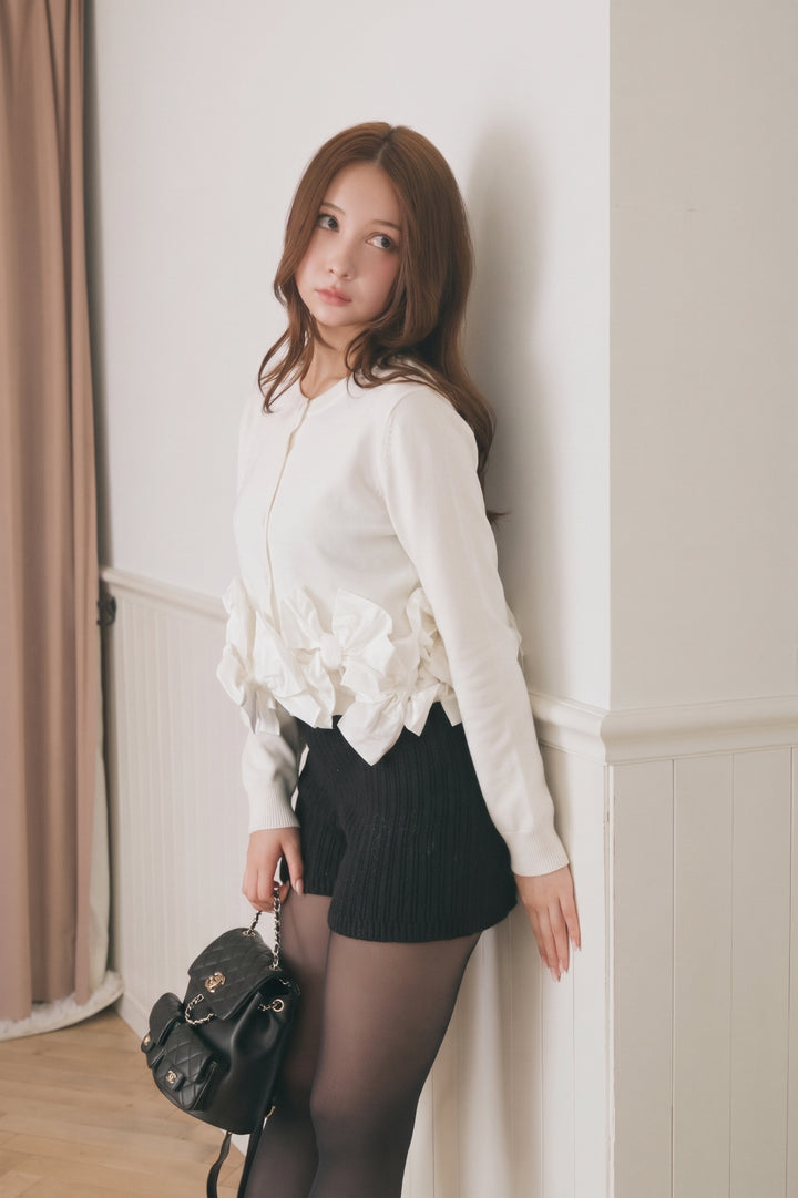 Áo khoác cardigan ngắn dệt kim tuyến đính nơ
