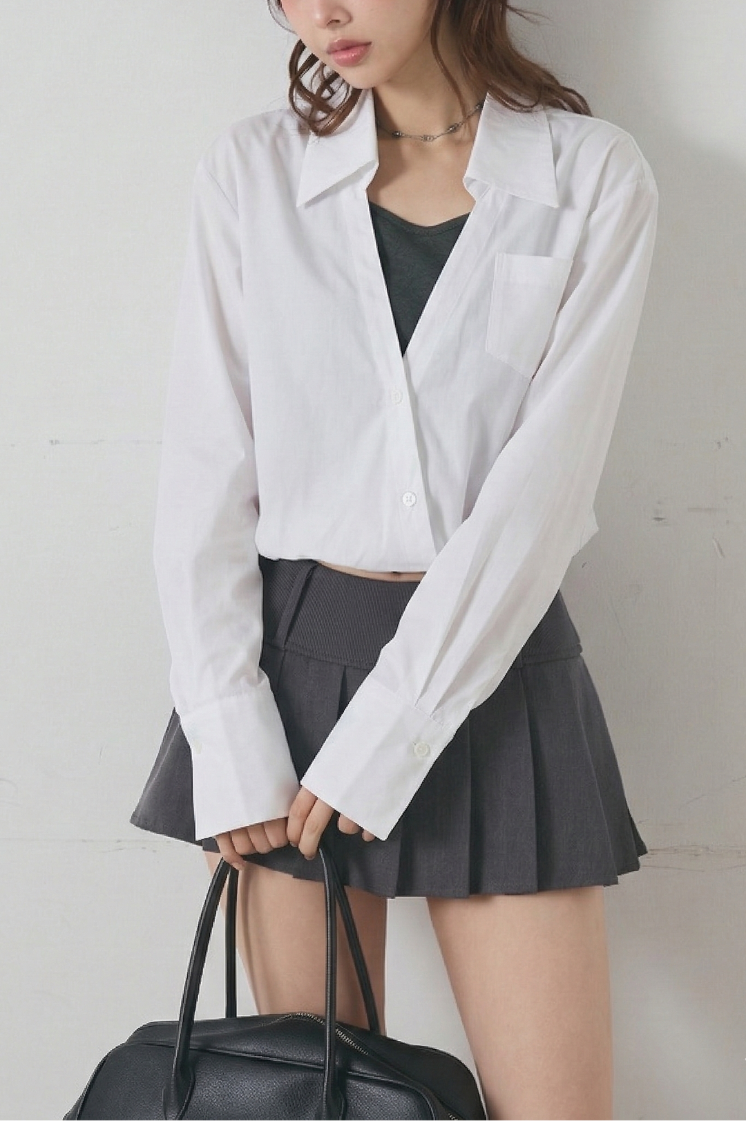 キャミレイヤード風クロップドシャツ