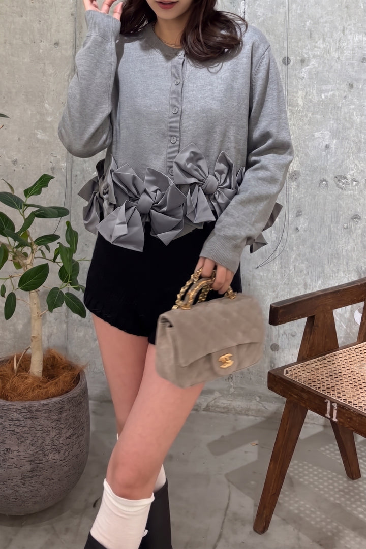 Áo khoác cardigan ngắn dệt kim tuyến đính nơ