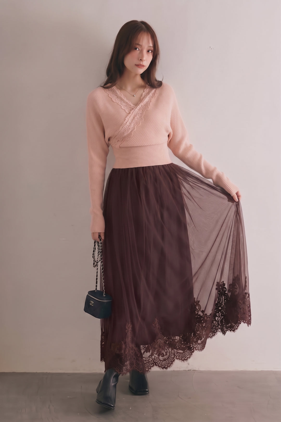 [SET]バックリボンレースカシュクールニット+レースヘムチュールロングスカート(2set)