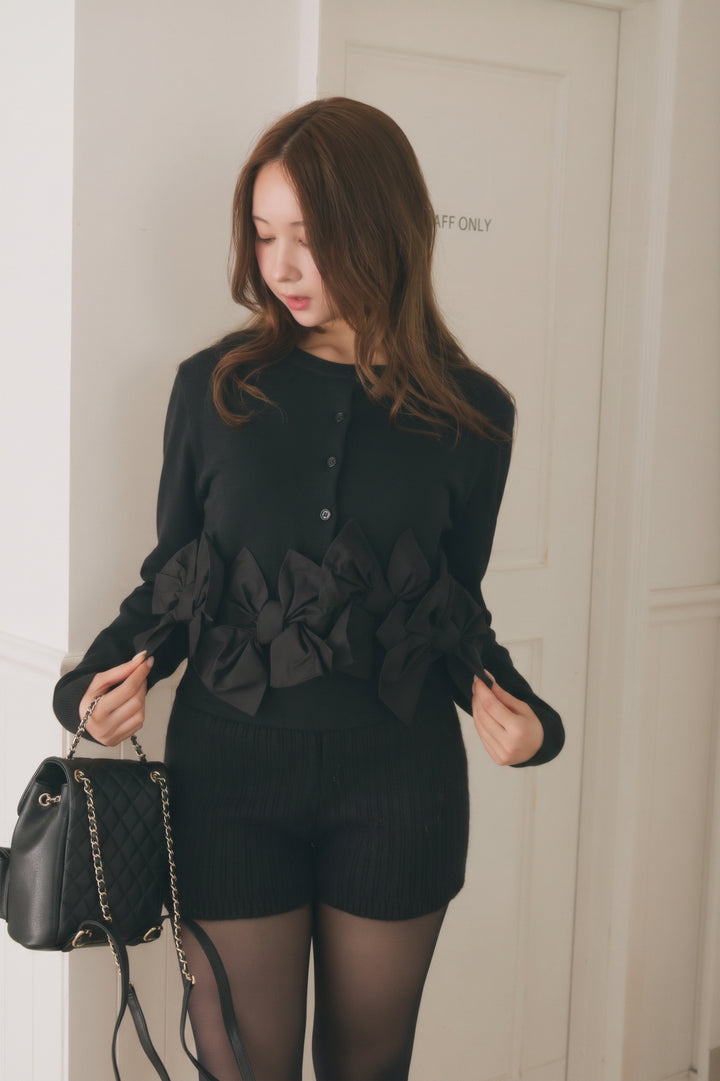 Áo khoác cardigan ngắn dệt kim tuyến đính nơ