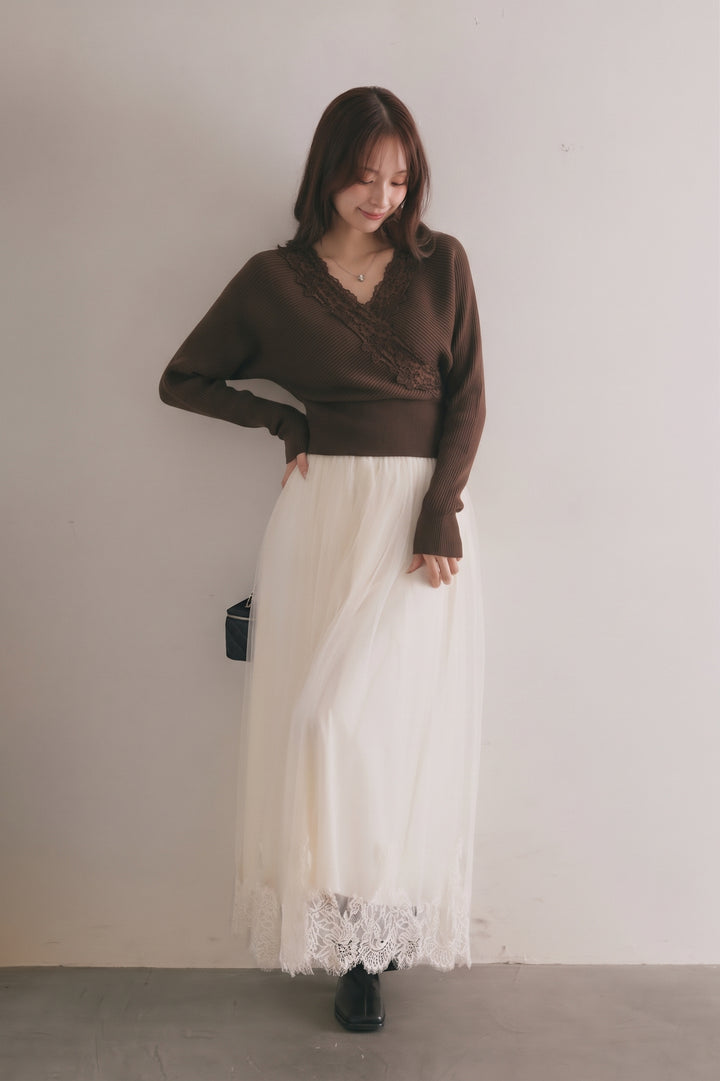 [SET]バックリボンレースカシュクールニット+レースヘムチュールロングスカート(2set)