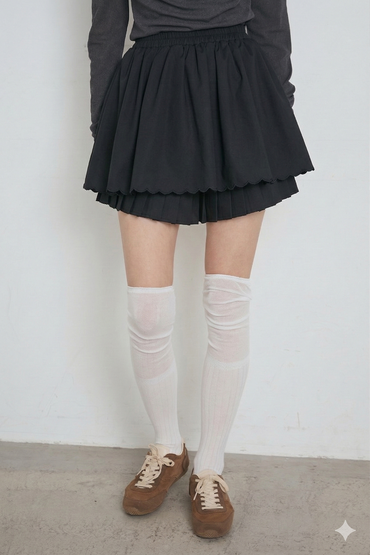 スカラップヘムプリーツドッキングショートスカート