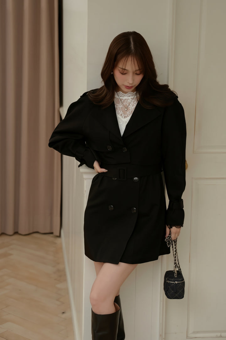 [SET]ショートトレンチジャケット&ミニワンピセット+メロウシアーレーストップス(2set)