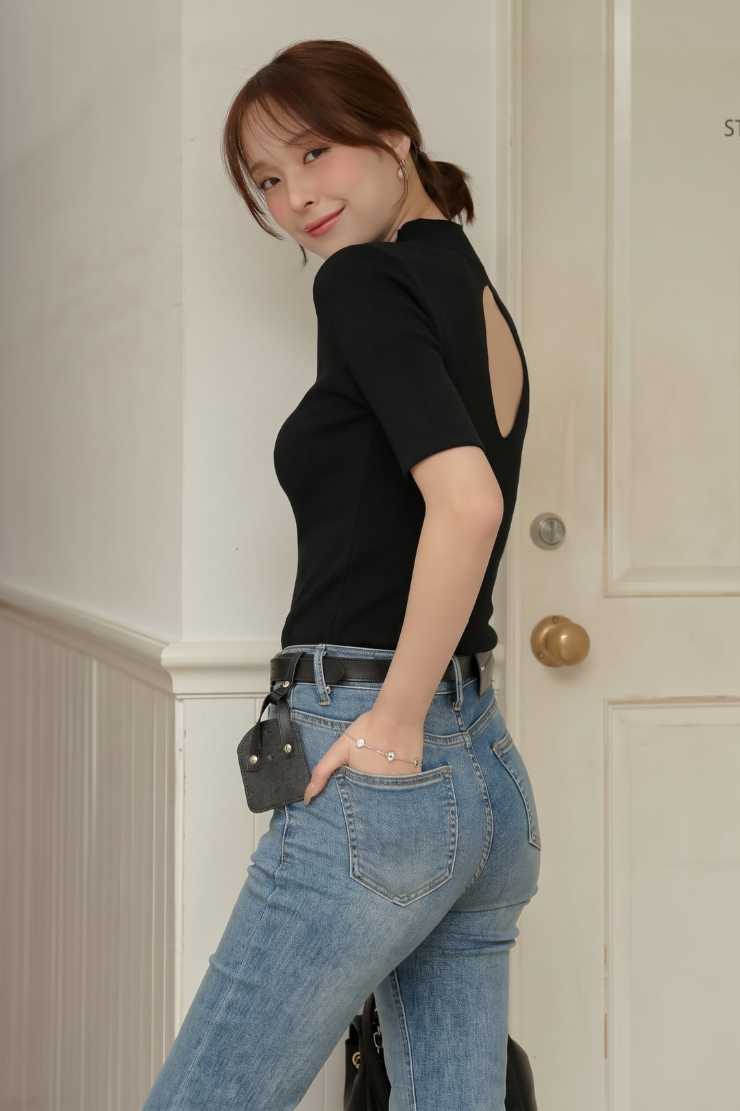 [SET]バックオープンハイネックニットトップス+美脚ストレッチデニム（ベルト付き）(2set)