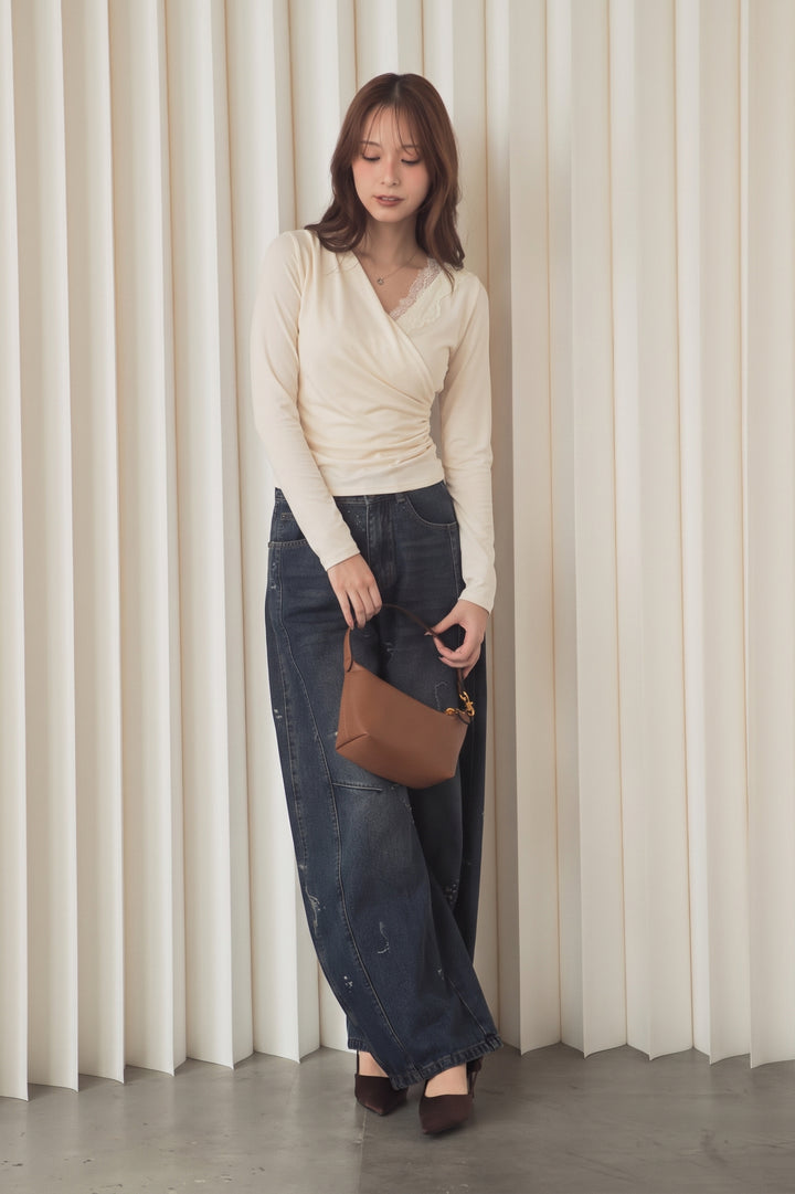 [SET]バックオープンレースカシュクールトップス+ヴィンテージリボンバレルデニムパンツ(2set)