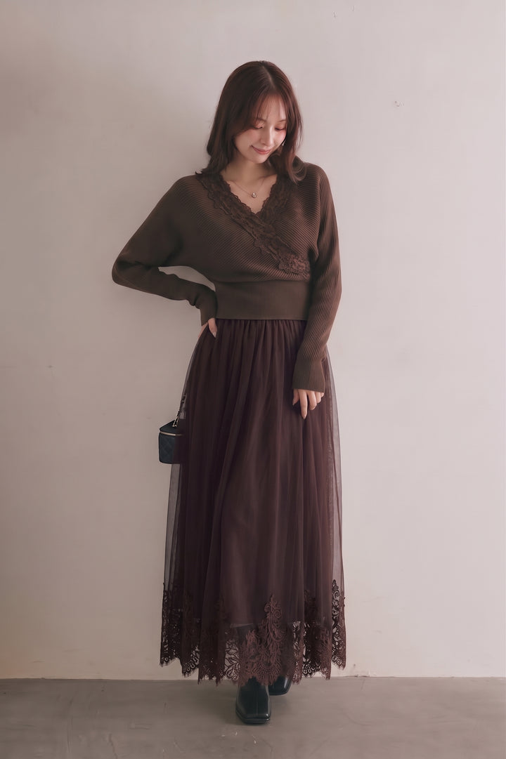 [SET]バックリボンレースカシュクールニット+レースヘムチュールロングスカート(2set)
