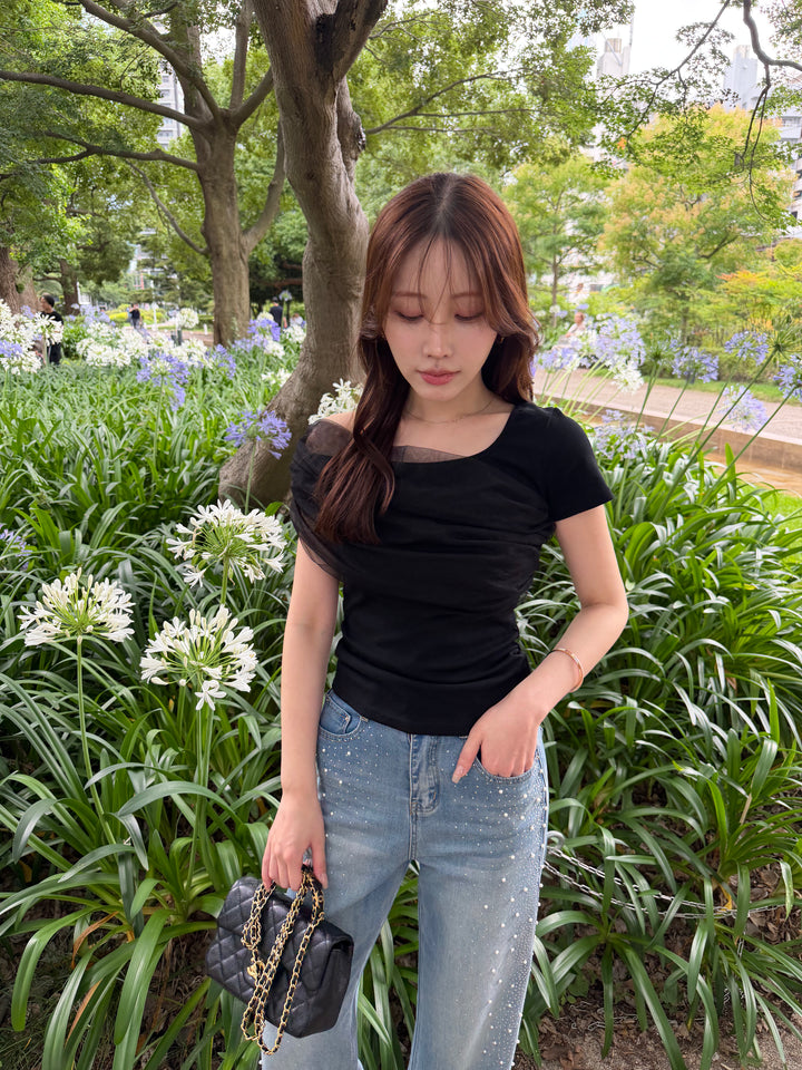 [SET]エアリーチュールコンビTシャツ+パールビジューデニム(2set)
