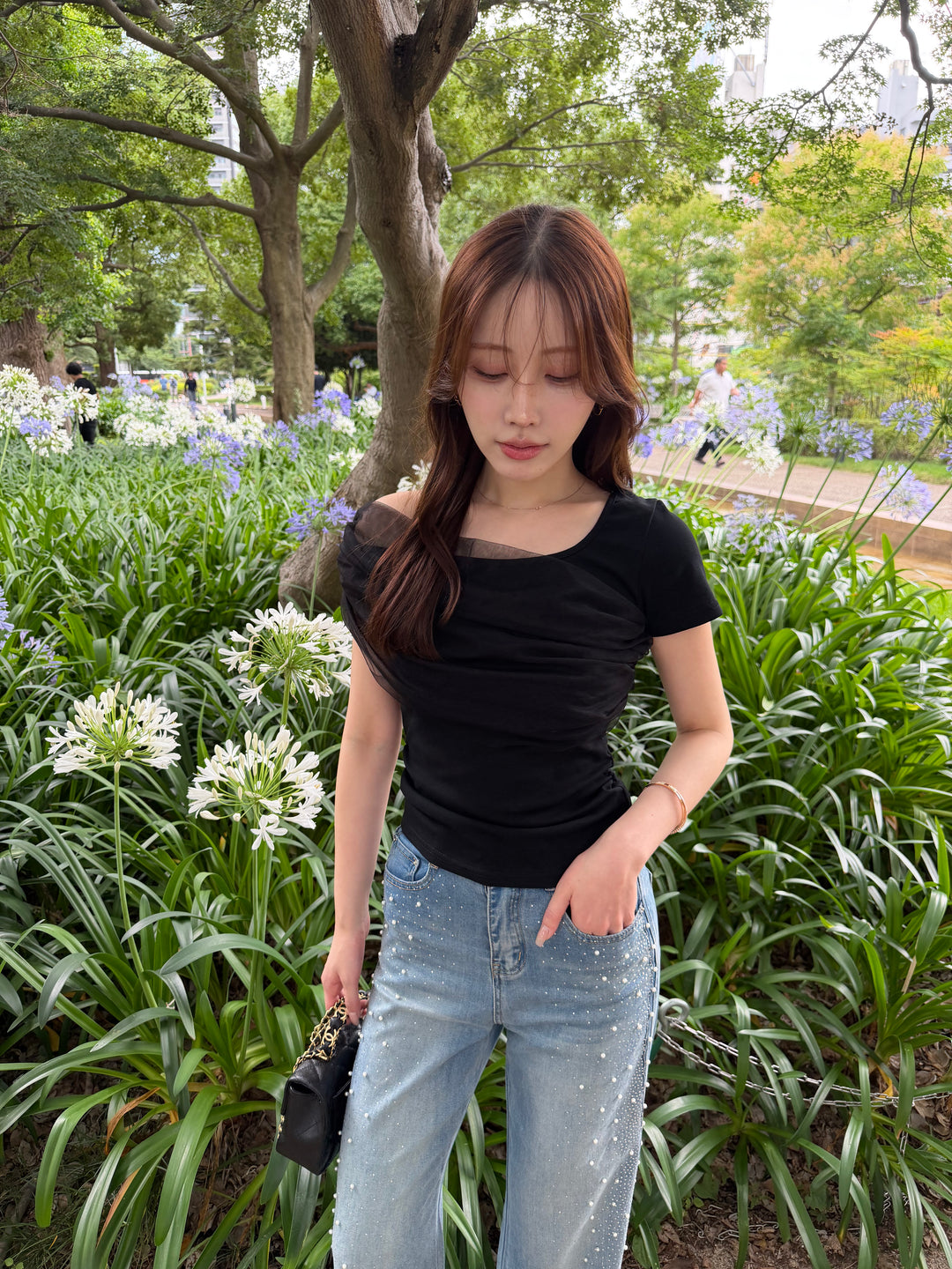 [SET]エアリーチュールコンビTシャツ+パールビジューデニム(2set)