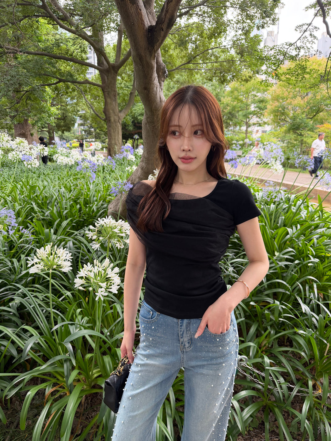 [SET]エアリーチュールコンビTシャツ+パールビジューデニム(2set)
