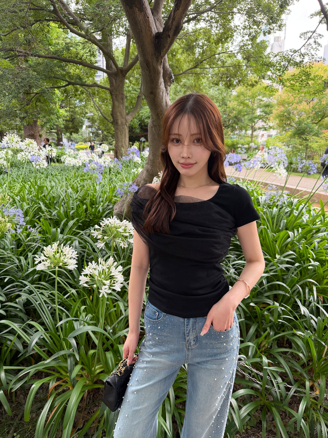 [SET]エアリーチュールコンビTシャツ+パールビジューデニム(2set)