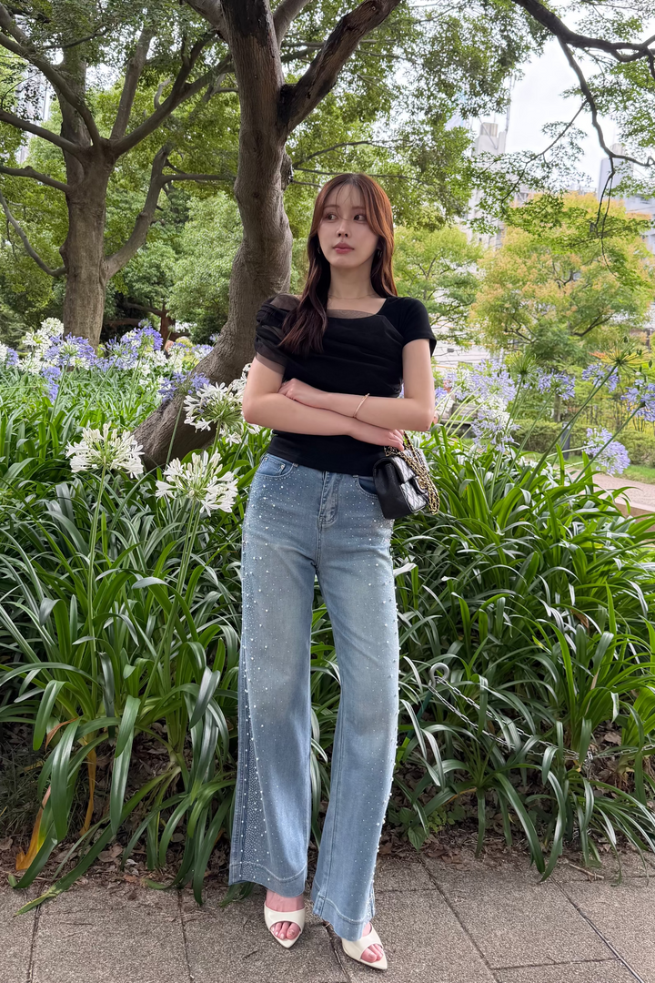 [SET]エアリーチュールコンビTシャツ+パールビジューデニム(2set)