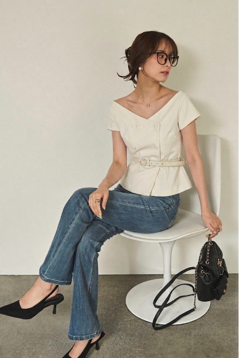 [SET]クラッシーベルトペプラムトップ+美脚ストレッチデニム（ベルト付き）(2set)