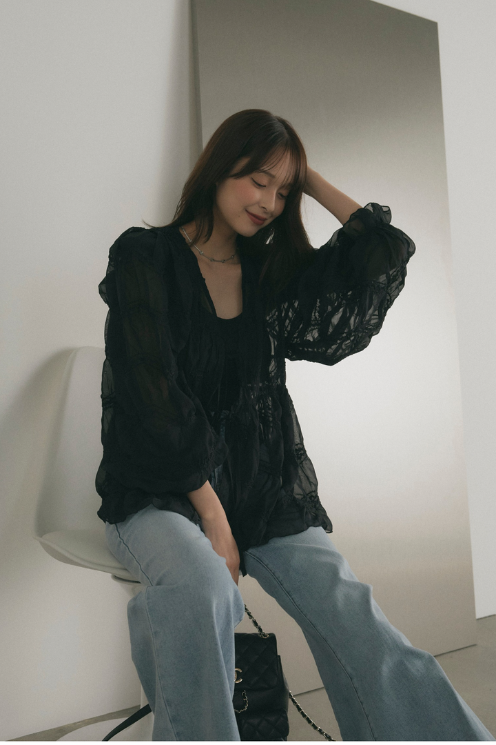 シャーリングシアーボリュームスリーブブラウス