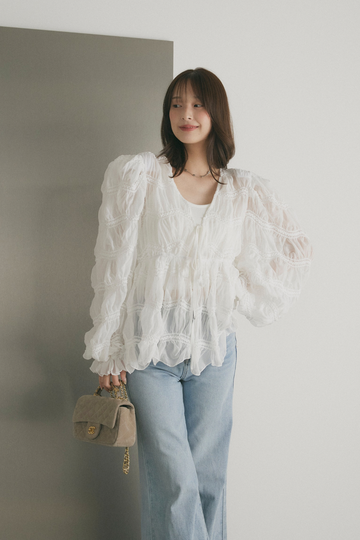 シャーリングシアーボリュームスリーブブラウス