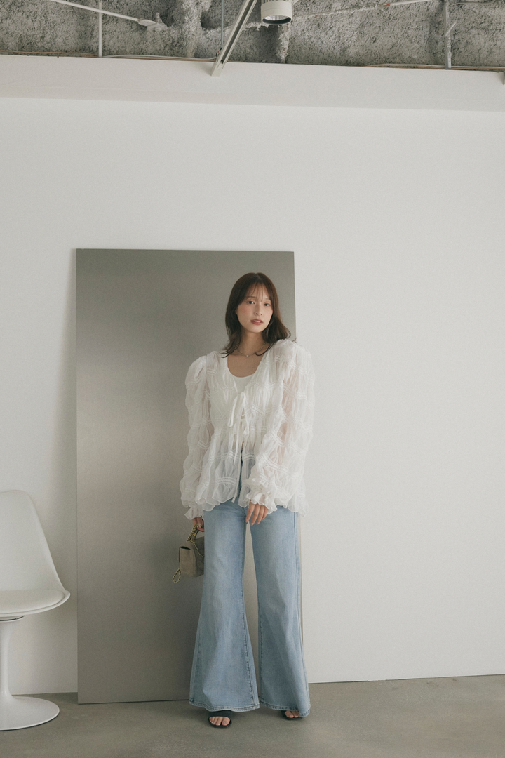 シャーリングシアーボリュームスリーブブラウス