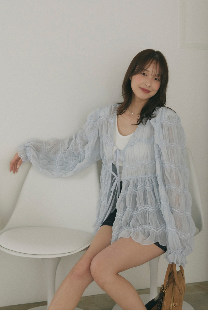 シャーリングシアーボリュームスリーブブラウス