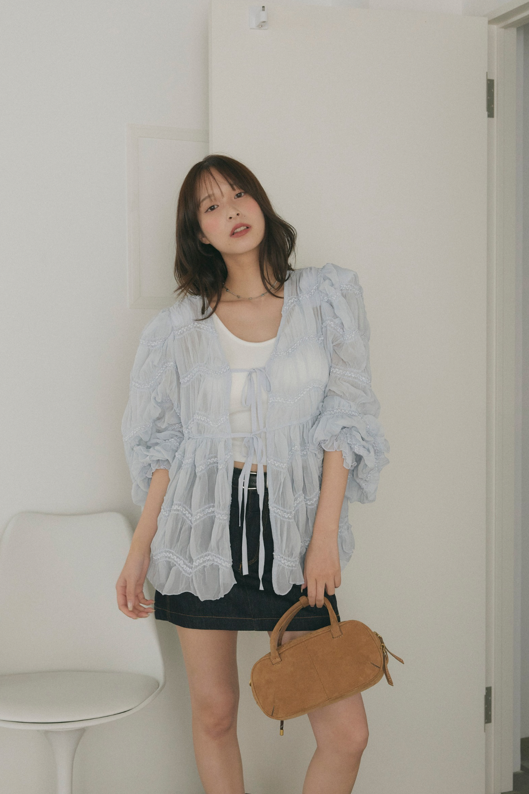 シャーリングシアーボリュームスリーブブラウス