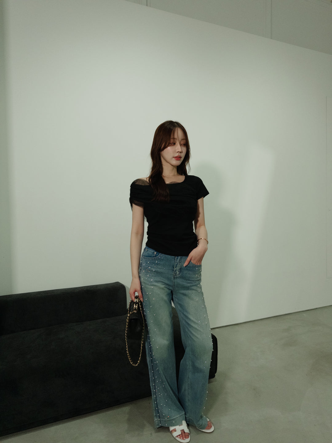 [SET]エアリーチュールコンビTシャツ+パールビジューデニム(2set)